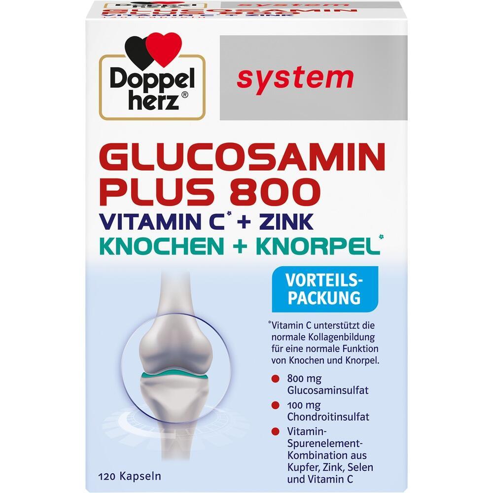 Verpackung für Nahrungsergänzung mit Glucosamin, Vitamin C und Zink für Knochen und Knorpel.