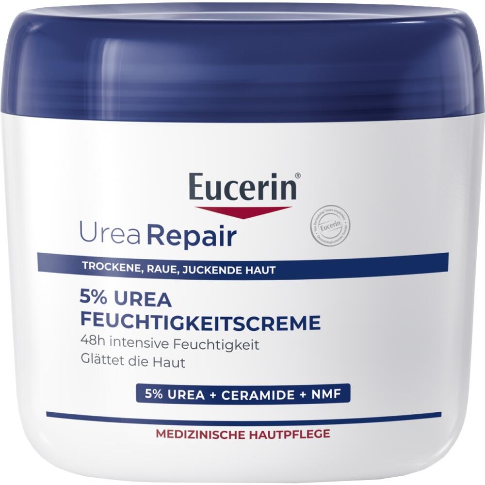 Blau-weiße Dose einer Feuchtigkeitscreme für trockene Haut von Eucerin.