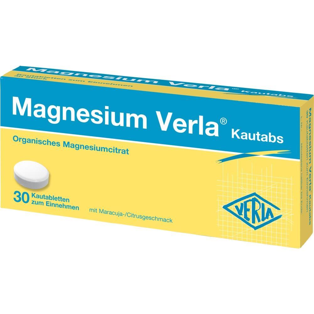 Gelbe Schachtel mit Magnesium Verla Kautabletten, 30 Stück mit Maracuja-Citrusgeschmack.