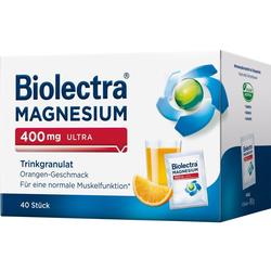 Verpackung eines Magnesium-Trinkgranulats mit Orangen-Geschmack für Muskelfunktion.