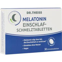 Eine Packung Melatonin-Schmelztabletten von Dr. Theiss zum besseren Einschlafen.